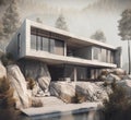 Illustration of a villa with a modern architecture built on rocky land.