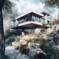 Illustration of a villa with a modern architecture built on rocky land.