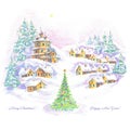 Illustration, art, drawing, village, houses, church, winter, Christmas tree,snow, landscape, white. background, new year,