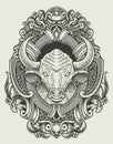 illustration vintage bull with engraving style