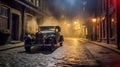 Illustration of a vintage car in the England\'s cobblestone street in 1940\'s