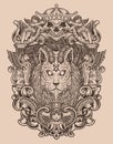 illustration vintage demon cat with engraving style