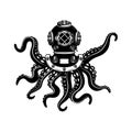 Illustration of vintage diver helmet with octopus tentacles. Design element for poster, card, t shirt.