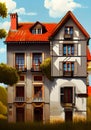 Illustration: Vintage European House and Lush Garden Under Blue Skies