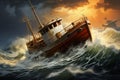 Illustration of a vintage fishing boat navigating stormy seas
