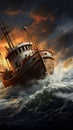 Illustration of a vintage fishing boat navigating stormy seas