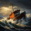 Illustration of a vintage fishing boat navigating stormy seas