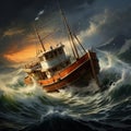 Illustration of a vintage fishing boat navigating stormy seas