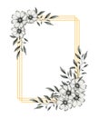 Vintage golden frame with cosmos flowers and leaves, elegant graphic floral illustration with black and white inked cosmos flowers