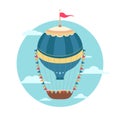 Illustration of vintage hot air balloon with flags in the sky with cloud. Retro air transport with ribbon.