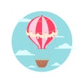 Illustration of vintage hot air balloon with ribbons in the sky with cloud. Retro air transport. Vector flat image Royalty Free Stock Photo