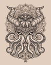 illustration vintage octopus with mandala ornament