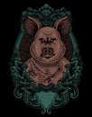 illustration vintage psychopath pig with engraving style