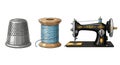 Illustration of Vintage Sewing Tools: A Thimble, Spool and Machine Royalty Free Stock Photo