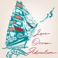 Illustration with vintage ship and sea gull. Love ocean adventure