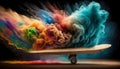 Illustration of a vintage skateboard, colorful smoke dust. Generative AI