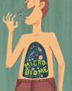 Vintage style color illustration of the microbiome in a cartoon man`s digestive system - digital painting Royalty Free Stock Photo