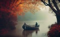 Illustration of vintage style fishing boat in the misty lake during autumn time, AI-generated image Royalty Free Stock Photo