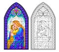 Illustration of the Virgin Mary and Child. Colorful and black and white drawing for coloring book. Gothic stained glass window. Royalty Free Stock Photo