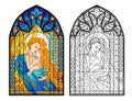 Illustration of the Virgin Mary and Child. Gothic stained glass window. Colorful and black and white drawing for coloring book. Royalty Free Stock Photo