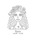 Illustration of Virgo zodiac sign. Element of Earth. Beautiful Girl Portrait. One of 12 Women in Collection For Your