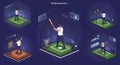 Illustration of a virtual reality batting practice setup. Five scenes show a man wearing Royalty Free Stock Photo