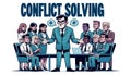 Illustration of a visibly frustrated manager with furrowed brows addressing a team of emotional members some looking upset others