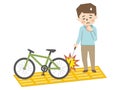 Illustration of a visually impaired man who has a bicycle on a Braille block and has difficulty walking