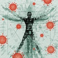 Vitruvian man futuristic stylized, victim of coronavirus pandemic.