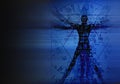Futuristic Vitruvian man silhouette on dark blue background.