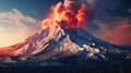 An erupting volcano out of a snowy mountain