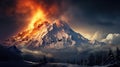 An erupting volcano out of a snowy mountain