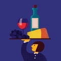 Illustration with waitress with tray with grape, cheese, wineglass, wine bottle on it. Restaurant menu design background