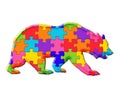 Illustration of a walking bear composed of colorful puzzle pieces on a white background