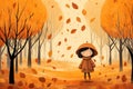 Illustration of walking cute girl in autumn park. Orange mood Royalty Free Stock Photo