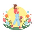 Illustration of a walking girl with coffee and a bouquet of tulips on a background of spring flowers