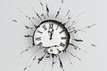 Illustration of wall clock dissolving and disintegrating on a white wall. Concept of time passing, time running out, time going Royalty Free Stock Photo