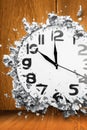 Illustration of wall clock dissolving and disintegrating on a wooden wall. Concept of time passing, time running out, time going Royalty Free Stock Photo