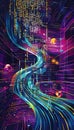 abstract data stream flowing like liquid light, with sharp lines of code and binary numbers cascading in bright neon colors Royalty Free Stock Photo