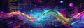 abstract data stream flowing like liquid light, with sharp lines of code and binary numbers cascading in bright neon colors Royalty Free Stock Photo