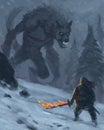 Illustration of a warrior with a magic flaming sword facing off with a werewolf in a frozen night environment - digital fantasy Royalty Free Stock Photo