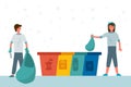 Illustration of waste sorting. Funny People putting garbage in trash cans, dumpsters or eco bags. Plastic, metal, paper. Ecology,