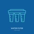 Illustration of water filter, plumber equipment. Plumbing vector flat line icon. Repair service logo