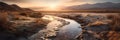 A water stream through dry lands at dawn