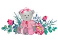 Illustration watercolor bear in peonies. Teddy in a pink dress.