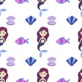 Seamless pattern Mermaid watercolor beautiful children`s illustrations Maritime fairy tale characters collection Underwater scener