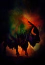 Illustration of watercolor bison, abstract color background. Digital art