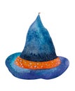 Illustration watercolor blue witch hat isolated