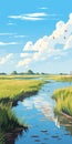 Suffolk Coast Landscape: Stream, Birds, And Blue Skies