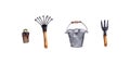 Illustration. Watercolor. Drawn illustrations: bucket, garden rake, garden pitchfork. Isolated objects